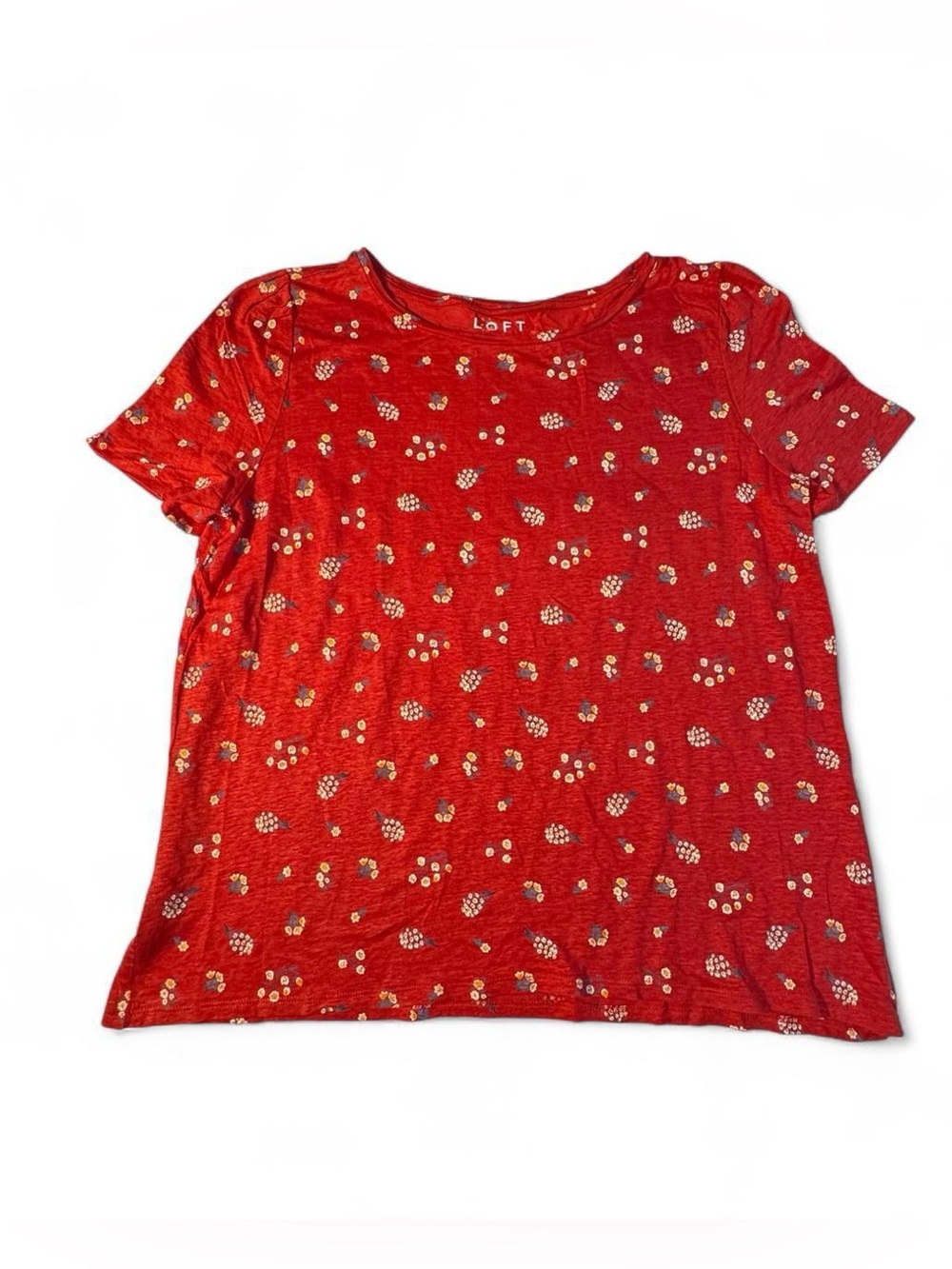 LOFT Linen Red Floral Short Sleeve Top Size Large Boho Indie Cottagecore
